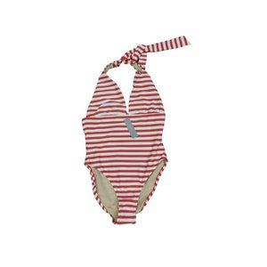 JCrew $110 plunging halter onepiece classic stripe Sz 10 Vivid Flame Ivory H8968